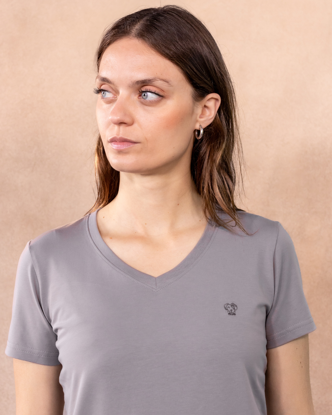Camiseta Antimanchas de Mujer Cuello V Gris Claro