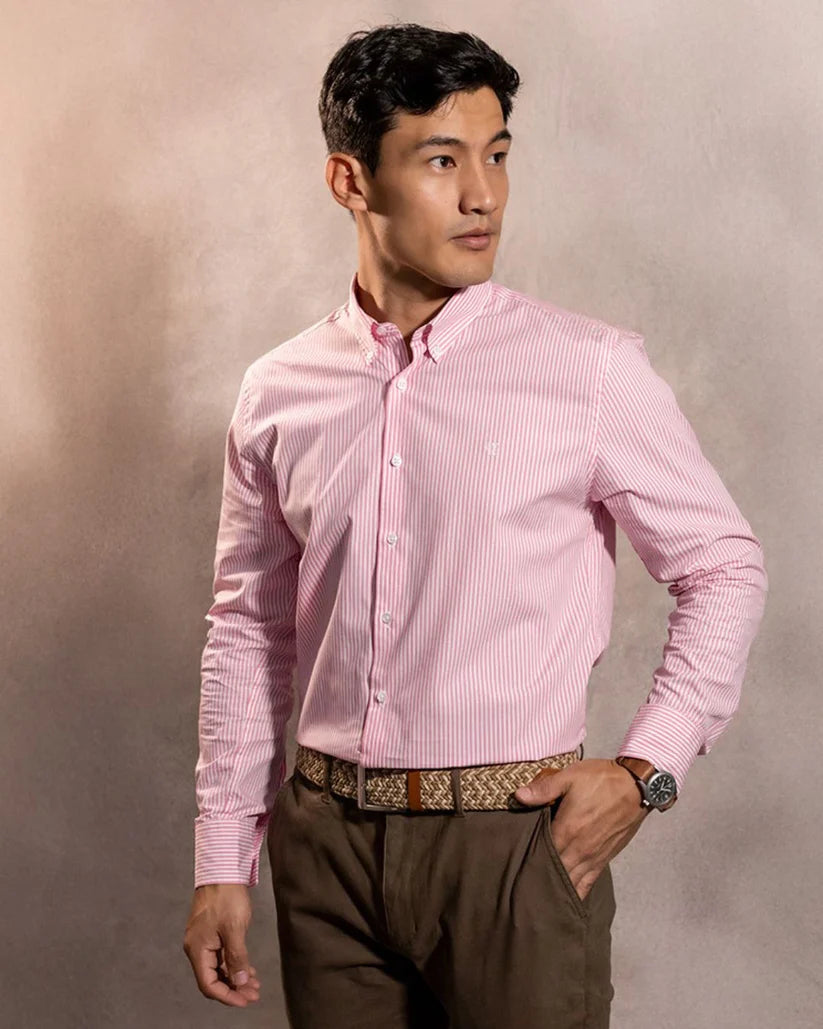 Camisa Antimanchas Popelina Rayas Rosadas - Regular Fit