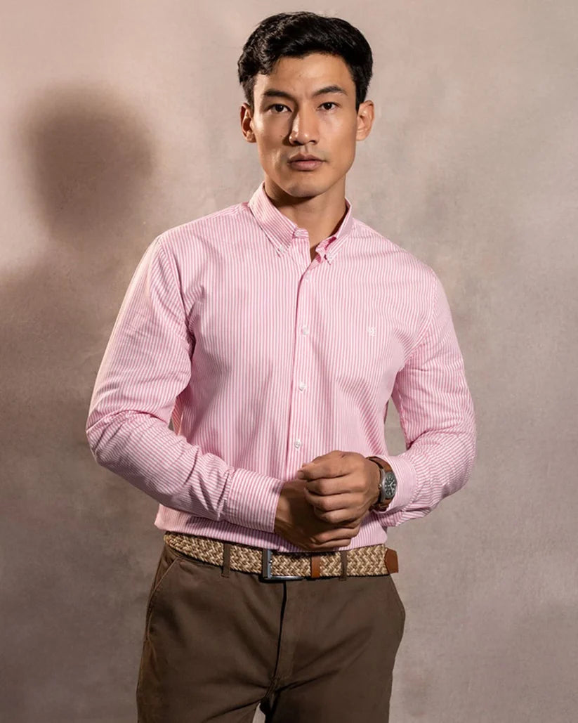 Camisa Antimanchas Popelina Rayas Rosadas - Regular Fit